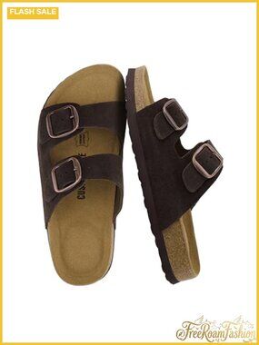 Genuine Leather Suede Slides Cushioned Cork Footbed Adjustable Buckle Sandals